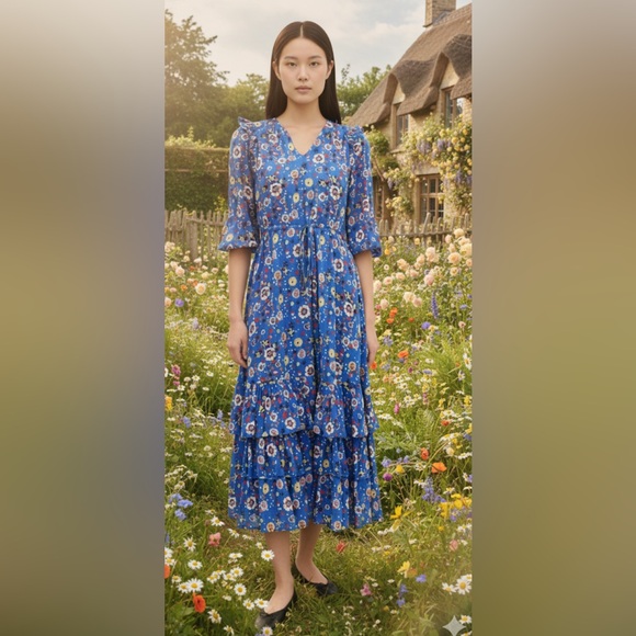 Warm NY Leila Dress Women 2 Blue Floral Midi